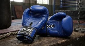 Blue 14oz Twins Special gloves featuring a secure hook and loop velcro strap closure