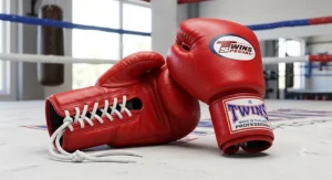 Red Twins Special Muay Thai gloves with lace-up wrist closure for professional competition