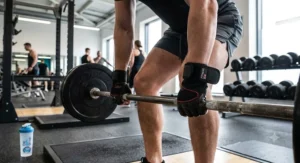 An athlete using value weightlifting gloves to secure a firm grip on a barbell before performing a deadlift.