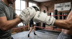 White MMA boxing crossover gloves striking focus pads during a professional combat sports coaching session.