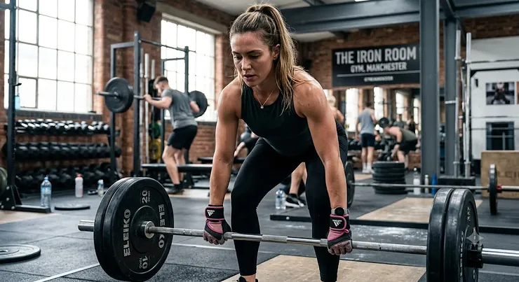 Woman wearing padded weightlifting gloves while holding a heavy barbell in a UK gym
