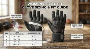 Women's full finger gym gloves size and fit guide showing palm circumference measurements in centimetres.