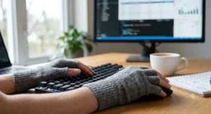Woman wearing grey wool-blend half finger gloves under £10 keeping hands warm while working at a computer