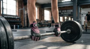 Woman preparing for a deadlift wearing non-slip weightlifting gloves with reinforced palm padding