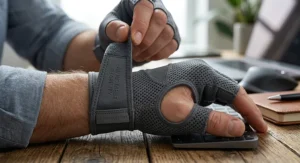 Illustration showing an adjustable strap and open-thumb design on wrist support gloves for customised wrist stability.
