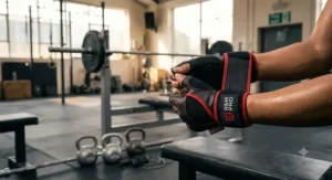 Close-up of adjustable velcro strap on wrist wrap gloves designed for bench press stability