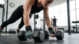 Female athlete using non-slip CrossFit gloves for women during dumbbell workout movements.