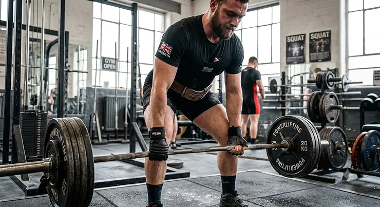 A powerlifter wearing padded barbell gloves for powerlifting to improve grip during heavy gym training.