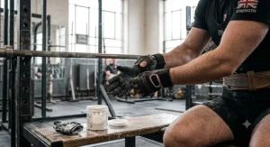 A lifter putting on barbell gloves for powerlifting as a practical alternative to gym chalk.