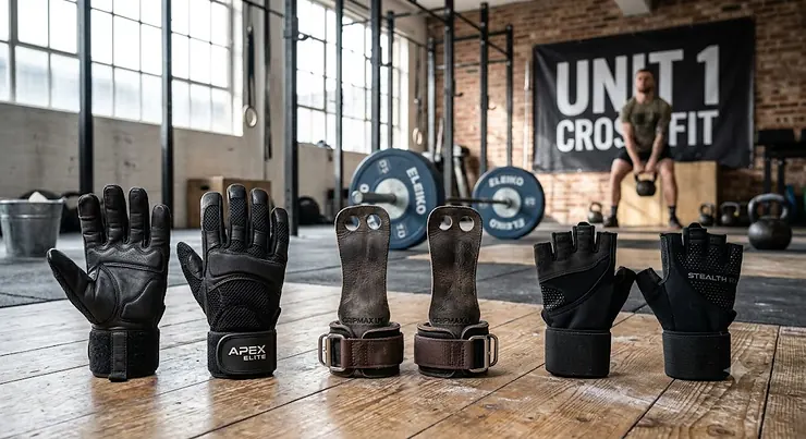 Comparison of the best crossfit gloves in the UK displaying full palm protection and wrist support for gym workouts.