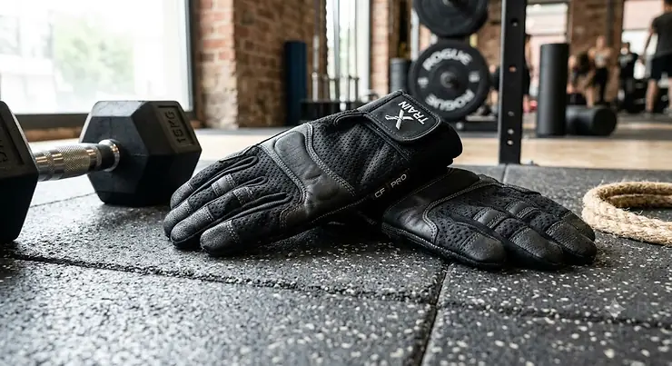 Pair of breathable black CrossFit gloves under £25 displayed on a gym mat