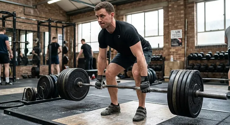 Athlete using the best deadlift gloves for heavy barbell training in a British gym