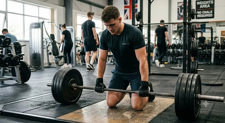 A weightlifter in a UK gym wearing padded deadlift gloves under £20 while preparing to lift a heavy barbell.