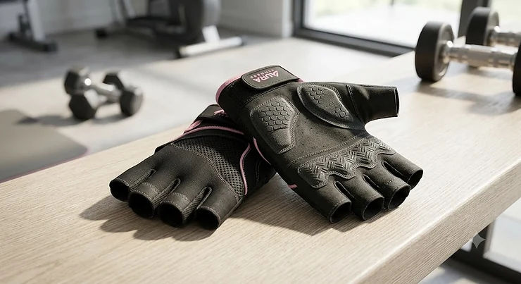 Pair of black half finger gym gloves for women featuring gel padded palms