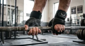 Breathable weightlifting gloves preventing calluses during powerlifting barbell sessions.