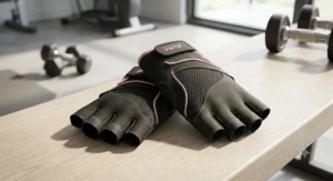 Rear view illustration highlighting breathable mesh fabric on half finger gym gloves for women