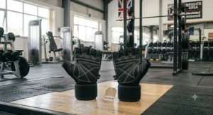 Pair of black breathable mesh deadlifting gloves under £20 displaying reinforced palm stitching.