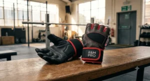 Lightweight breathable mesh gym gloves with integrated wrist wraps displayed on a wooden table