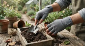 Illustration of breathable wrist support gloves for wrist pain management during gardening and outdoor DIY tasks.