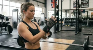 Female lifter in a commercial gym wearing breathable deadlift gloves under 20 pounds to prevent calluses.