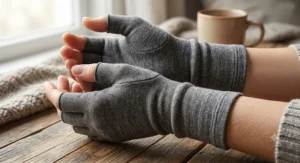 Illustration showing compression wrist support gloves providing gentle warmth and joint relief for arthritis wrist pain.