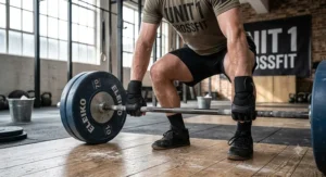 Fingerless crossfit gloves with integrated wrist wraps supporting a lifter during heavy barbell thrusters.