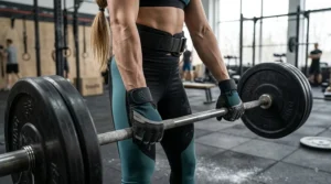 Female athlete wearing durable CrossFit gloves for women while lifting a heavy barbell in the gym.