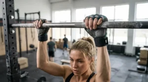 Illustration showing fingerless CrossFit gloves for women gripping a gymnastics rig during pull-ups.