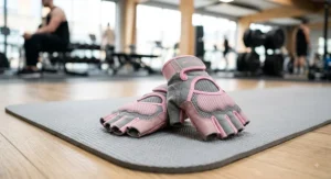 Breathable fingerless women's gym gloves in pink and grey displayed on a fitness mat