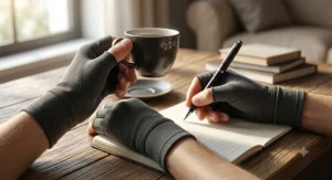 Illustration of fingerless wrist support gloves allowing full finger dexterity for writing and holding a cup of tea.