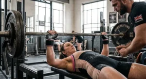 Gym member using heavy-duty barbell gloves for powerlifting on a flat bench press barbell.