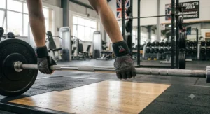Heavy-duty weightlifting gloves suitable for deadlifts and powerlifting, shown gripping an Olympic barbell.