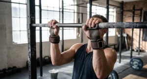Athlete wearing leather crossfit palm grips while performing pull-ups to prevent calluses on the rig.