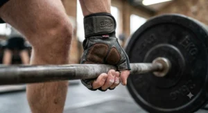 Close-up of padded leather deadlift gloves providing palm protection for heavy lifts