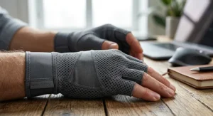 Close-up illustration highlighting lightweight, breathable compression fabric on wrist support gloves for joint support.