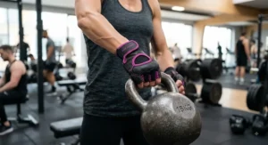Woman wearing lightweight women's gym gloves performing kettlebell swings during a cross-training session