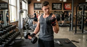 Man wearing heavy-duty wrist wrap gloves lifting dumbbells at a commercial UK gym