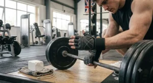 Gym-goer adjusting the Velcro strap on an affordable deadlifting glove before performing deadlifts.