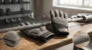 Silicone non-slip padded palm design on women's gym gloves under £15 for secure barbell grip.