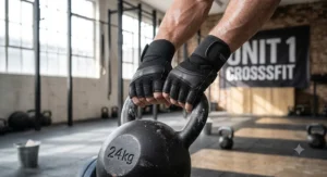 Padded crossfit gloves protecting palms during high-repetition kettlebell swings and dumbbell exercises.