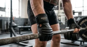 Close-up of leather powerlifting barbell gloves with integrated wrist wraps for joint stability.