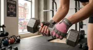 A woman with small hands wearing snug-fitting gym gloves holding a heavy hex dumbbell in a UK fitness studio