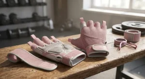 Stylish pink and grey women's gym gloves under £15 displaying durable double stitching.