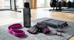 Stylish pair of women's gym gloves styled alongside a reusable water bottle and resistance band