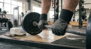 Top-rated budget deadlift gloves under £20 demonstrating secure anti-slip grip on an iron weight bar.