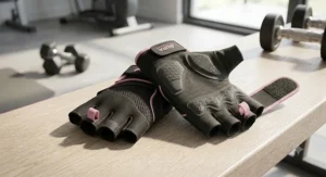 Material detail depicting durable washable fabric of women's half finger gym gloves