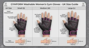 Illustrative size guide showing proper fitting for women's gym gloves across small, medium, and large sizes