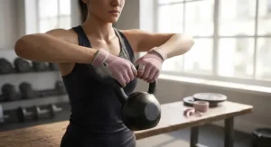 Woman wearing affordable women's gym gloves under £15 while exercising with a kettlebell.