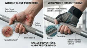 Illustration demonstrating how padded CrossFit gloves for women prevent palm tears and calluses during training.