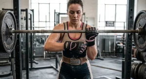 Female weightlifter wearing women's barbell gloves for powerlifting before setting up a back squat.